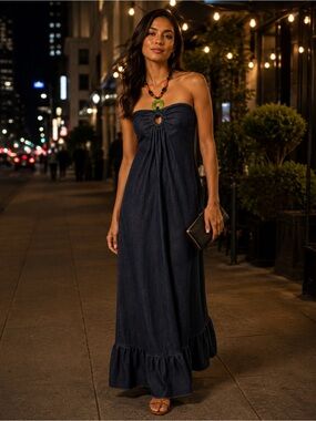 Denim Strapless Maxi Dress with Keyhole Detail Necklace - Size Small